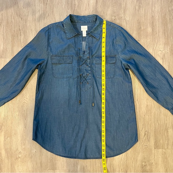 CHICO’S Women’s Chambray Lace Up Denim Blue 100% Cotton Long Sleeve Top - Picture 5 of 7